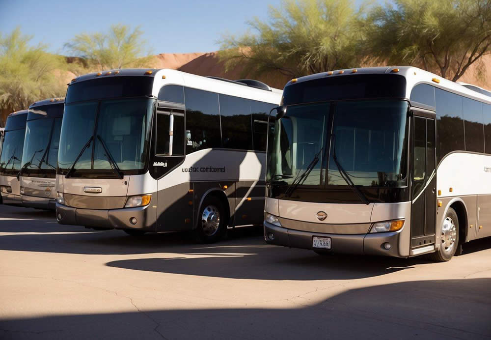 A group of charter buses lined up outside a corporate event venue in Arizona. The buses are sleek and modern, with the company logo prominently displayed. The sun is shining, and the surrounding landscape is picturesque