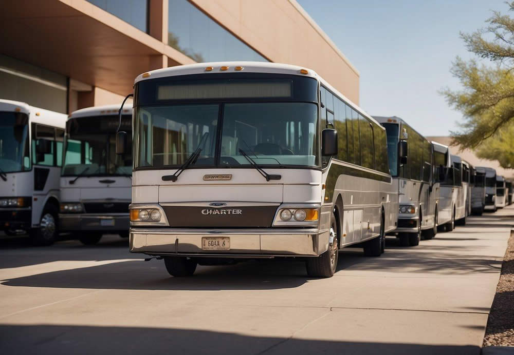 A group of charter buses parked outside a corporate office building in Arizona. Employees board the buses for a planned corporate trip