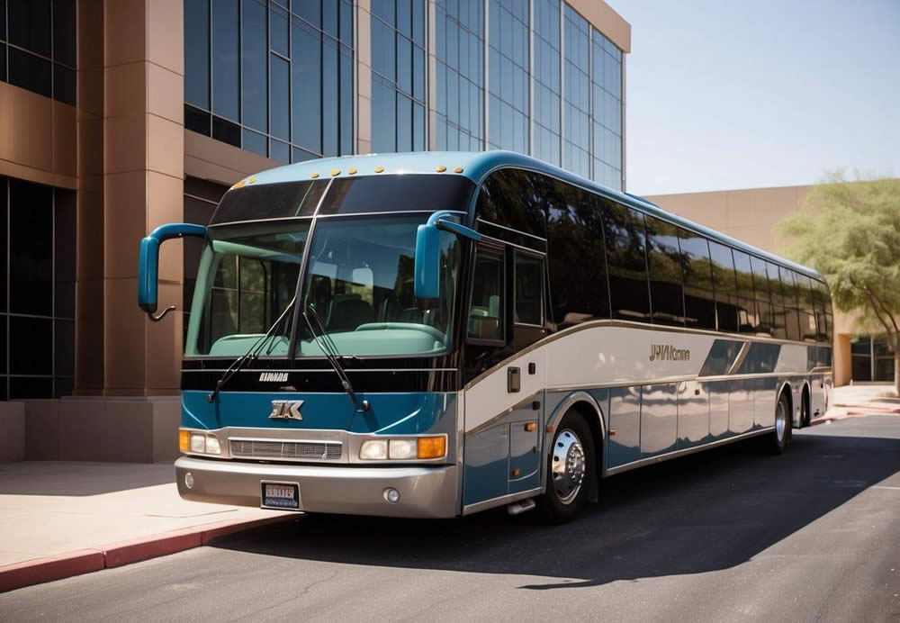 A charter bus parked outside a corporate building in Arizona, with spacious seating, Wi-Fi, and modern amenities visible through the windows