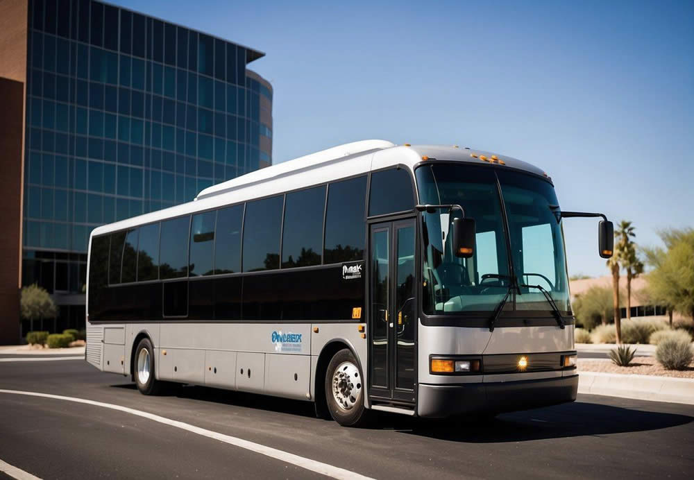 A charter bus pulls up to a modern office building in Arizona, with a sleek corporate logo on the side. The bus is clean and spacious, ready to transport employees for corporate events
