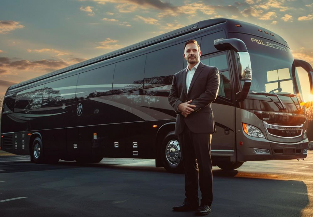 A driver is standing in front of an Charter Bus.