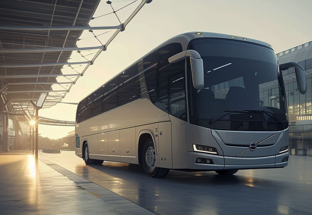 An empty Charter Bus is standing at a bus station.