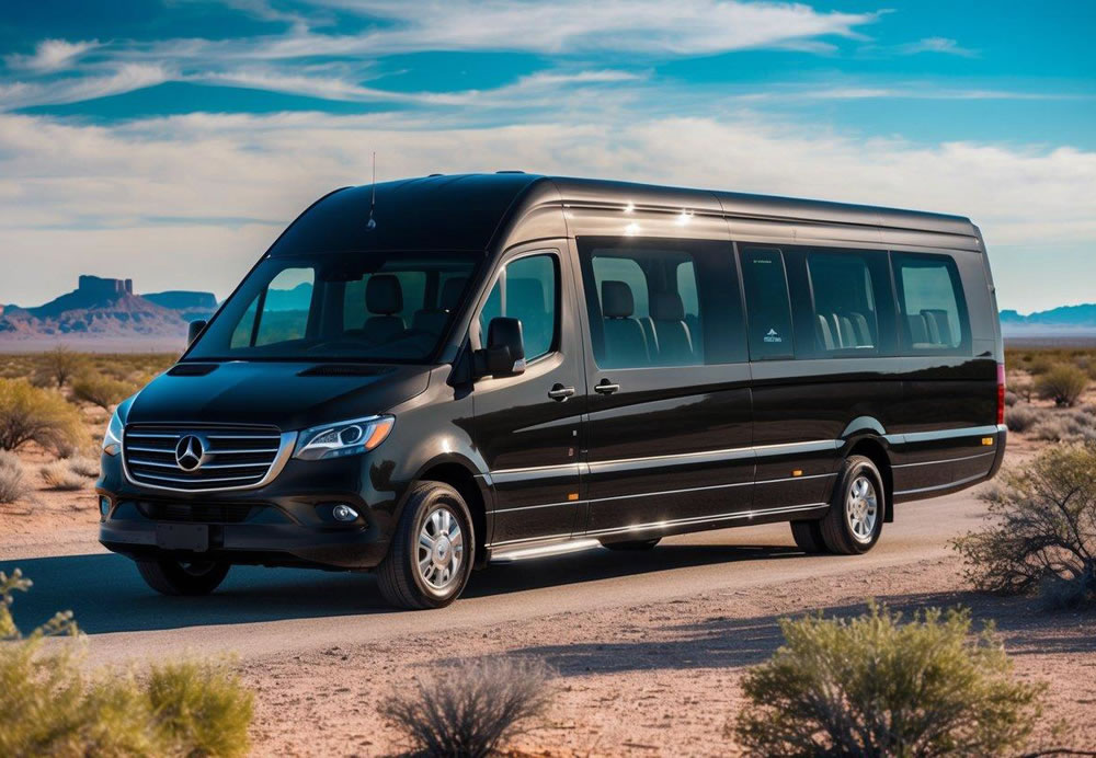 A luxury corporate shuttle with tinted windows and plush seating, surrounded by desert landscape in Arizona