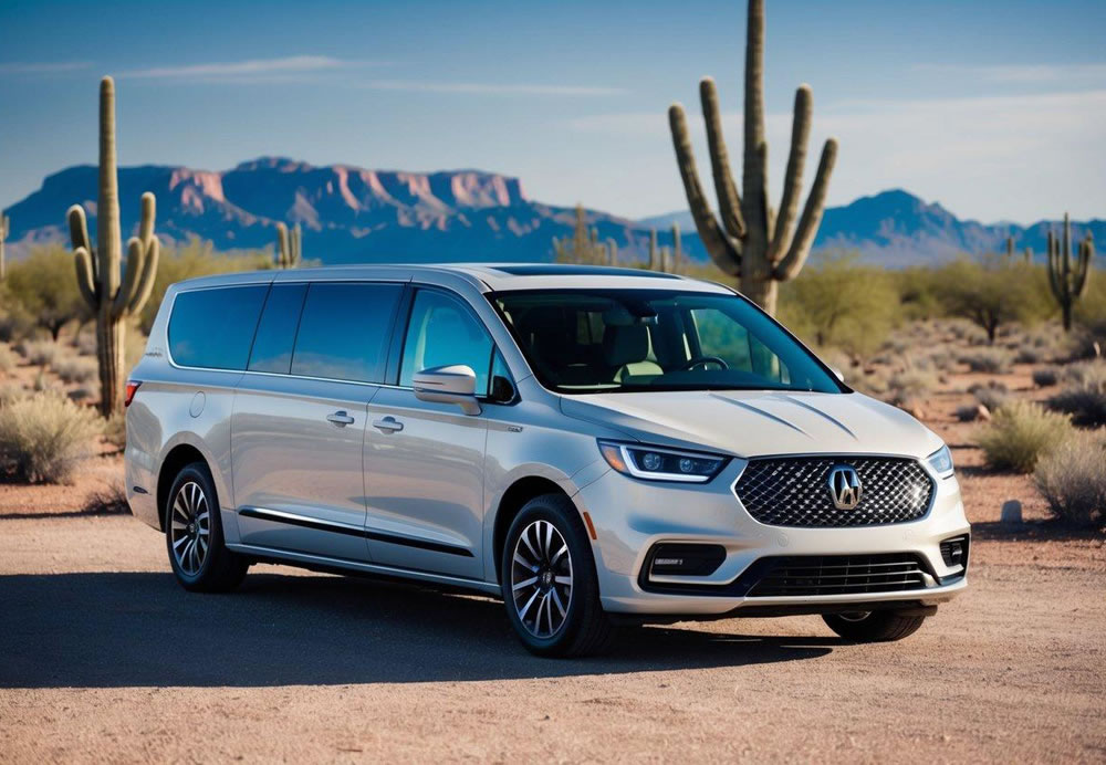 A sleek, modern corporate event transportation vehicle parked in front of a desert landscape in Arizona. The vehicle is ready to transport attendees to and from the event venue