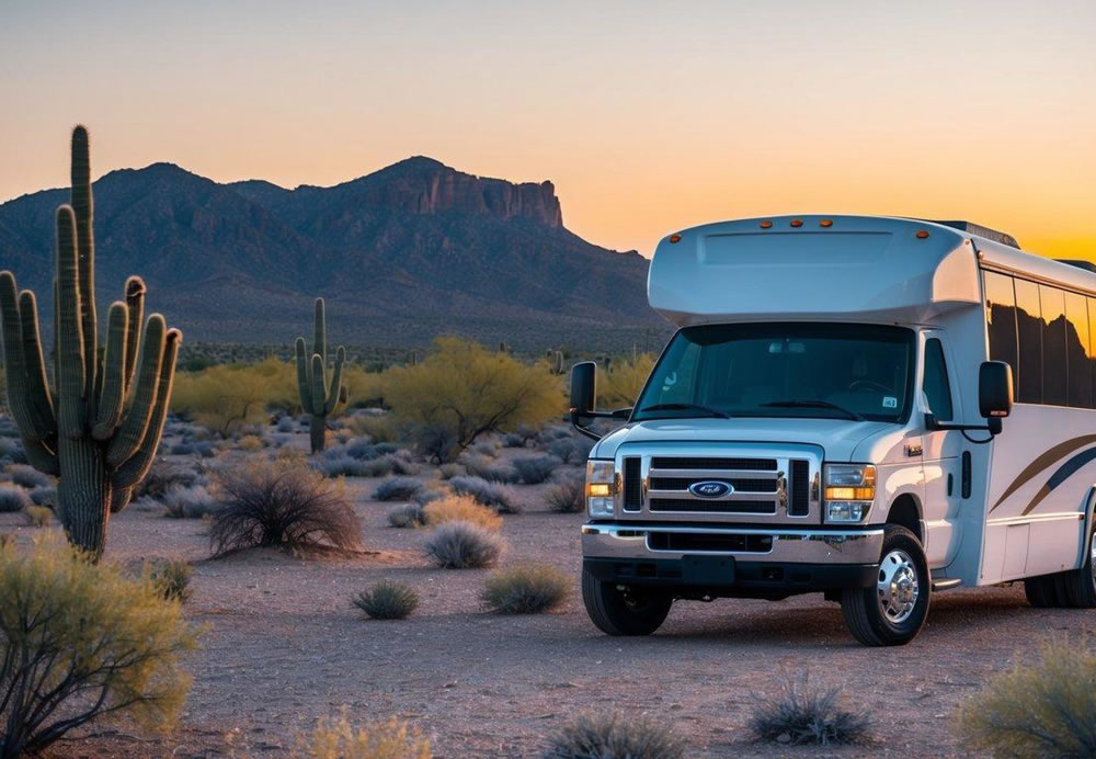 A charter bus parked in front of a desert landscape in Scottsdale, Arizona. The sun is setting, casting a warm glow over the scene