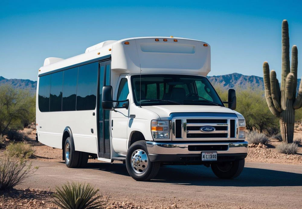 A charter bus parked in front of a scenic backdrop in Scottsdale, Arizona, with a clear blue sky and desert landscape