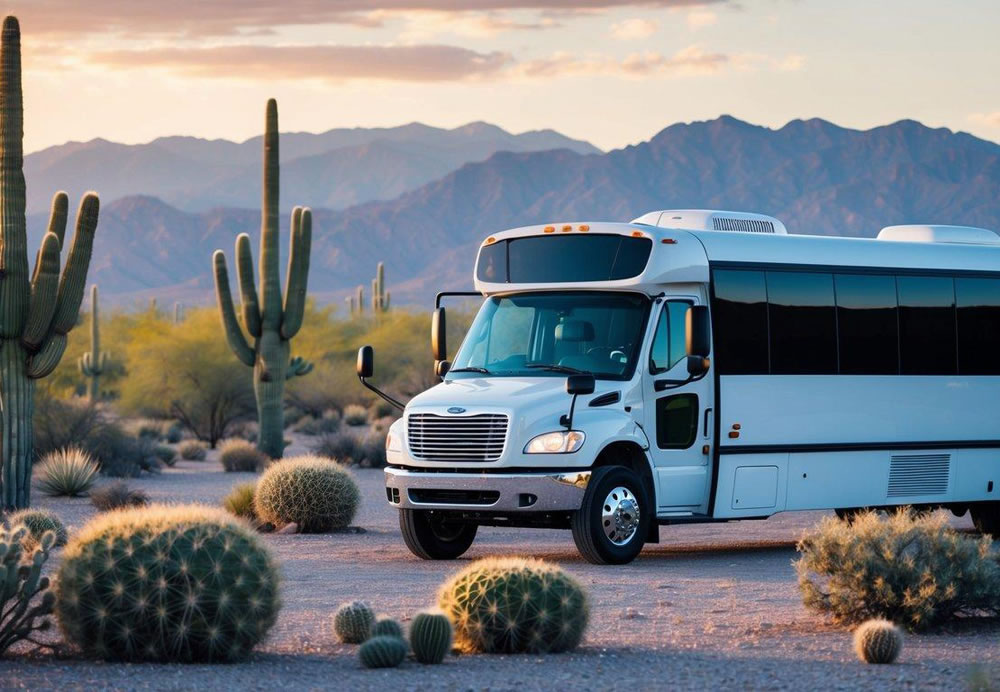 A charter bus parked in front of a scenic desert landscape in Scottsdale, Arizona. The bus is surrounded by cacti and mountains in the background