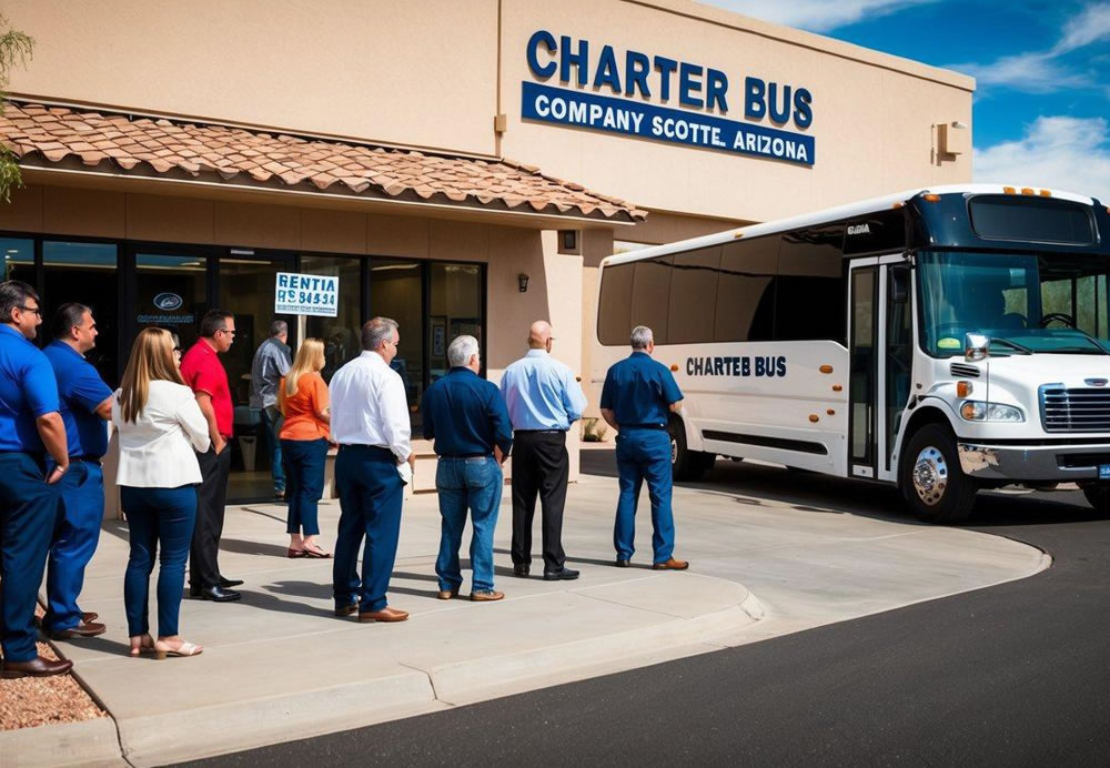 A group of people waiting outside a charter bus company office in Scottsdale, Arizona. A bus parked in front with a rental sign displayed