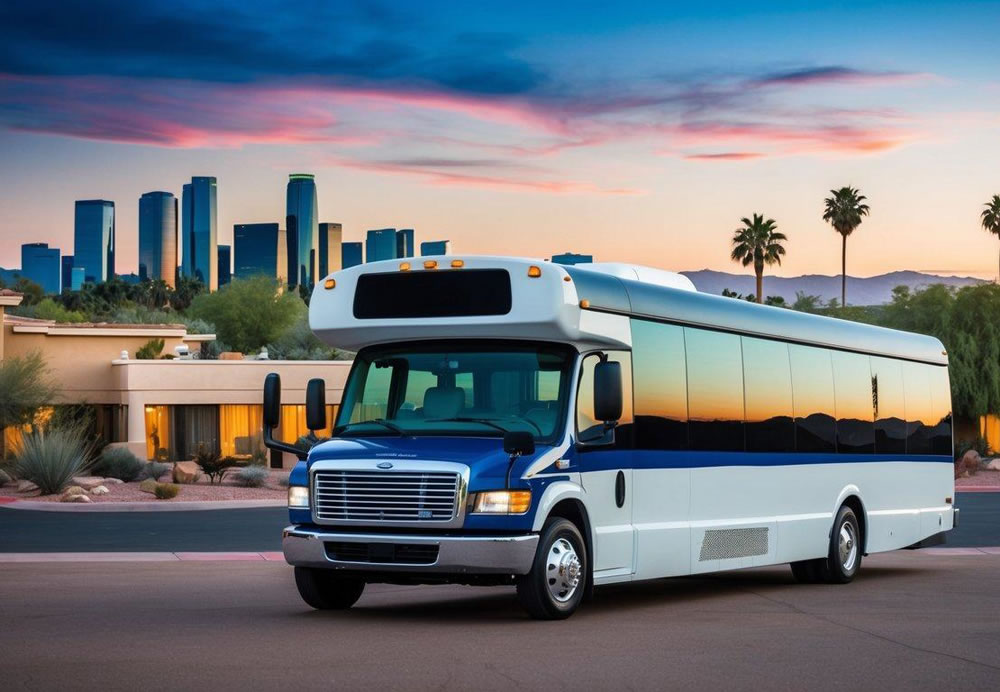 A charter bus parked in front of a hotel with a backdrop of the Scottsdale, Arizona skyline, with amenities such as WiFi, comfortable seating, and air conditioning visible through the windows