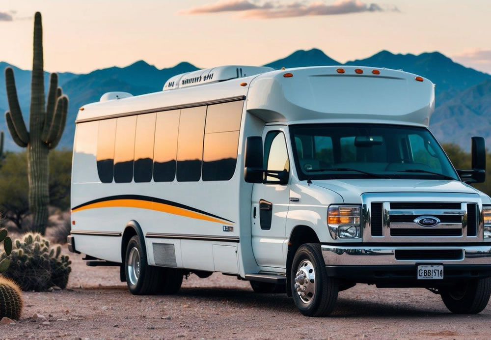 A charter bus parked in front of a desert landscape with cacti and mountains in the background