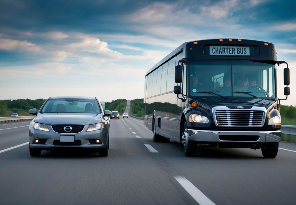 A charter bus and car driving side by side on a highway, with the bus appearing larger and more imposing