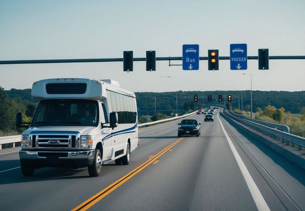 A charter bus and car driving on a highway, surrounded by clear road signs, traffic lights, and a scenic landscape