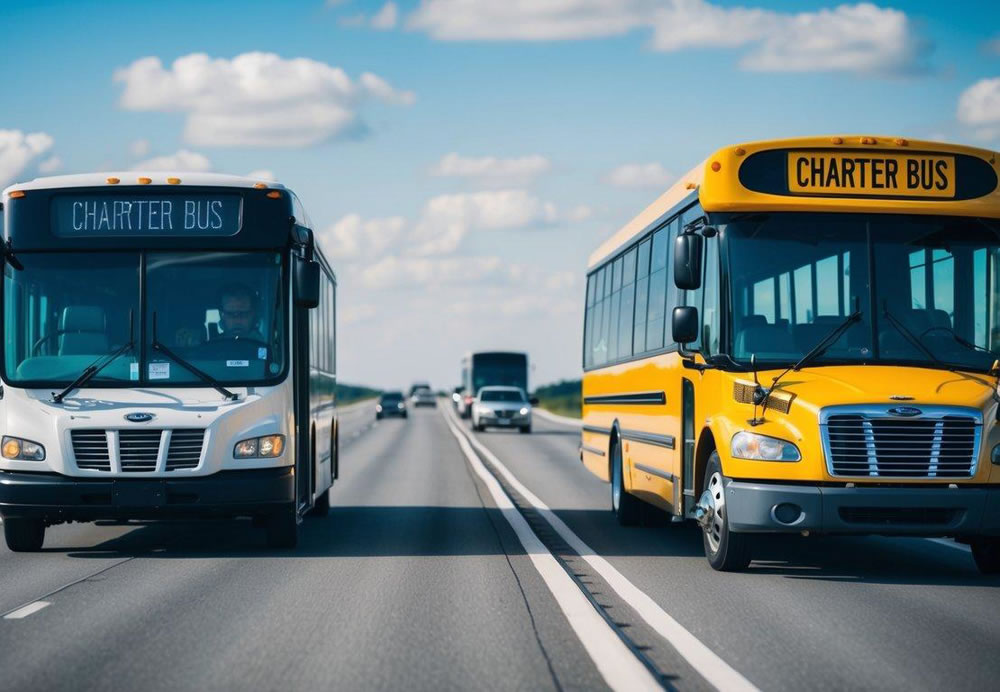 A charter bus and a car driving on a highway, with the bus following safety protocols and regulations, while the car does not