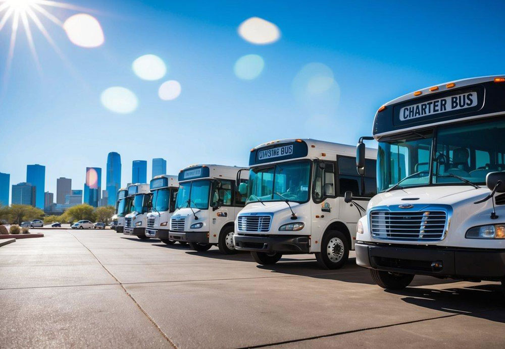 A bright, sunny day in Phoenix, Arizona. A line of charter buses parked outside a rental office, with the city skyline in the background