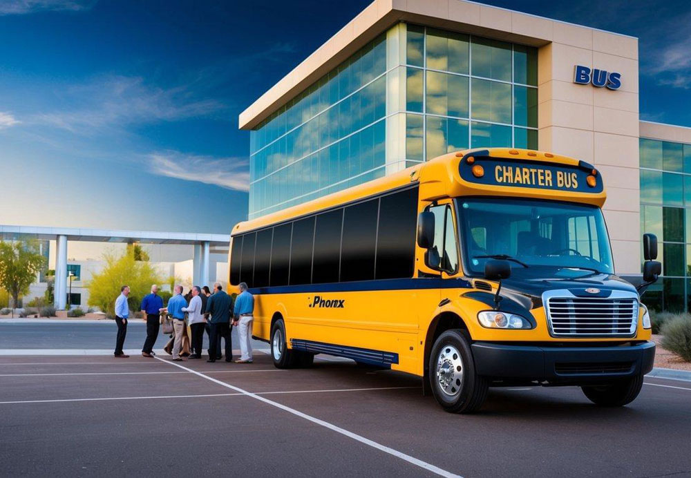 A charter bus parked in front of a modern office building in Phoenix, Arizona, with a group of people boarding the bus