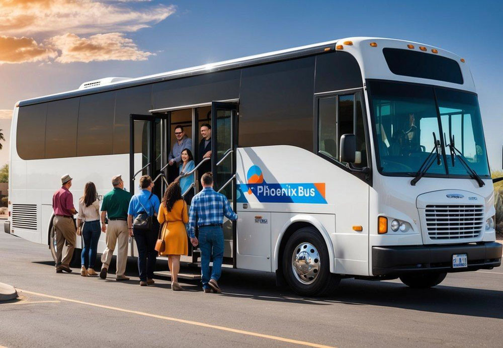 A group of people board a charter bus in Phoenix, Arizona, ready for their next adventure to top destinations and events in the city